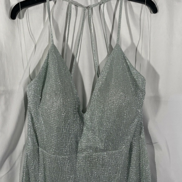NWD Aidan by Aidan Mattox Metallic Textured Slit Gown in Celadon Silver - Picture 9 of 13